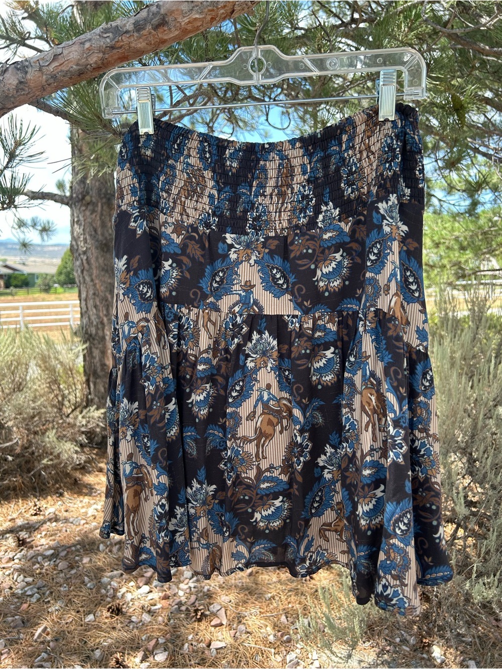 Double D Ranch Blue & Brown Floral Tiered Smocked Skirt